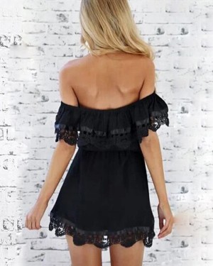Black Short Off the Shoulder Homecoming Dress with Lace Applique Hems HD3543