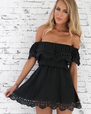 Black Short Off the Shoulder Homecoming Dress with Lace Applique Hems HD3543