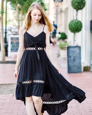 High Low Black Spaghetti Straps Cutout Chiffon Homecoming Dress with Front Knot HD3544