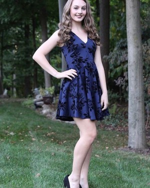 Navy Blue A-line V-neck Floral Print Homecoming Dress HD3547