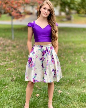 Cold Shoulder Two Piece Floral Print Short Homecoming Dress with Pockets NHD3564