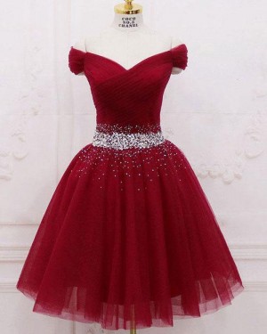 Sparkle Beading Ruched Off the Shoulder Tulle Burgundy Homecoming Dress HD3566