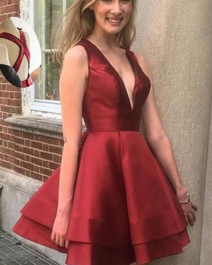 Simple Burgundy Layered V-neck Satin Homecoming Dress HD3567