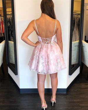 Pink Lace Pleated Spaghetti Straps Homecoming Dress HD3576
