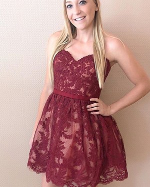 Burgundy Lace Sweetheart Homecoming Dress with Polka Dot Tulle HD3577