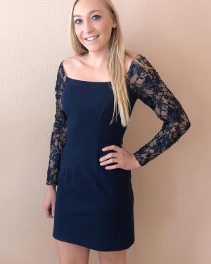 Tight Square Navy Blue Satin Homecoming Dress with Lace Long Sleeves HD3579