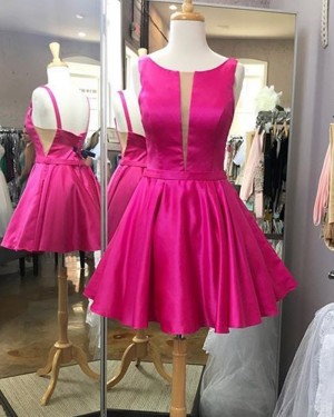 Fuchsia Satin Pleated Simple Scoop Homecoming Dress HD3582