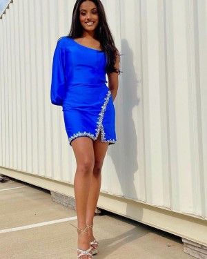 Blue Beading Tight One Shoulder Short Homecoming Dress with Long Sleeves HD3598