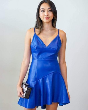 Blue Spaghetti Straps Asymmetrical Short Homecoming Dress HD3602