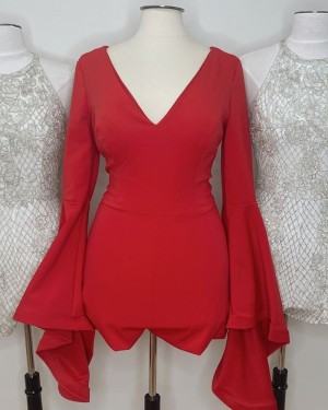 Red Satin Tight Short V-neck Homecoming Dress with Long Bell Sleeves HD3620