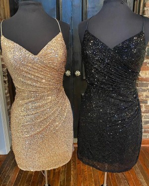 Gold Sequin Ruched Spaghetti Straps Tight Short Homecoming Dress HD3633