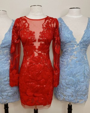 Sequin Lace Red Jewel Neckline Tight Short Homecoming Dress with Long Sleeves HD3640