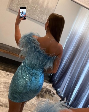 Blue One Shoulder Sequin Tight Homecoming Dress with Feather HD3644