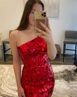 Special Glass Mirror One Shoulder Sequin Red Tight Homecoming Dress HD3648