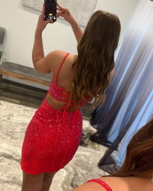 Red Beading Tight Spaghetti Straps Homecoming Dress with Side Slit HD3652