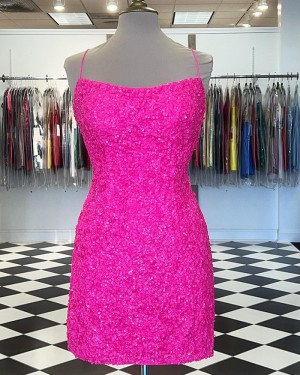 Pink Sequin Spaghetti Straps Tight Homecoming Dress HD3660