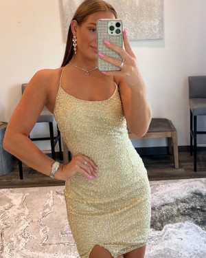 Special Sequin Spaghetti Straps Light Yellow Tight Homecoming Dress with Side Slit HD3664