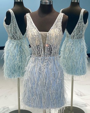 Beading Light Blue V-neck Tight Homecoming Dress with Feather HD3668