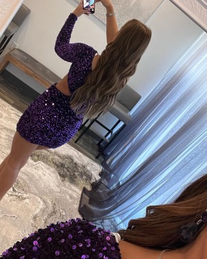 Purple One Shoulder Cutout Sequin Homecoming Dress with Long Sleeves HD3678