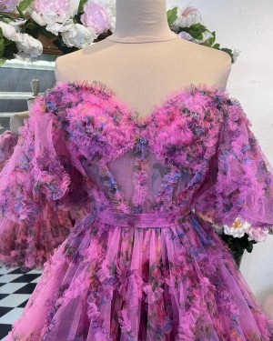 Floral Off the Shoulder Pleated Tulle Homecoming Dress HD3691