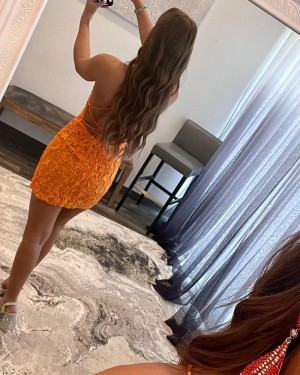Orange Lace Applique Spaghetti Straps Tight Homecoming Dress HD3696