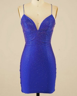 Blue Beading Tight Spaghetti Straps Homecoming Dress HD3699