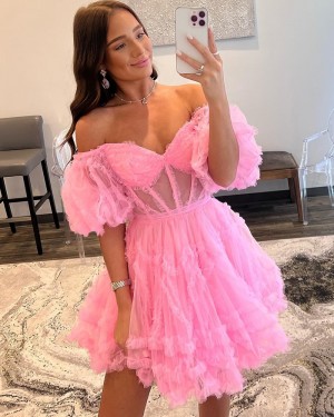 Off the Shoulder Tulle Pleated Pink Homecoming Dress with Short Sleeves HD3704