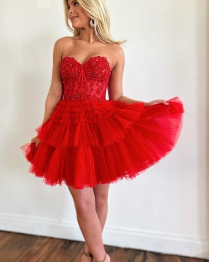 Red Beading Bodice Tulle Sweetheart Homecoming Dress with Layered Skirts HD3712