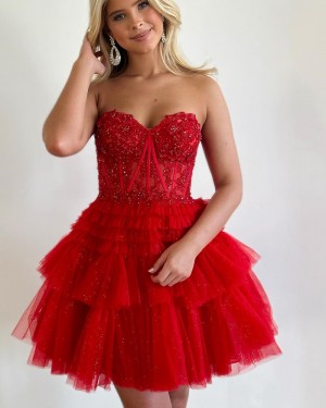 Red Beading Bodice Tulle Sweetheart Homecoming Dress with Layered Skirts HD3712