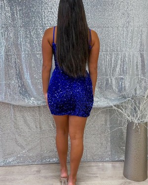 Navy Blue Sequin Spaghetti Straps Tight Homecoming Dress HD3713