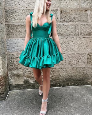 Green Square Neckline Pleated Simple Satin Homecoming Dress HD3722