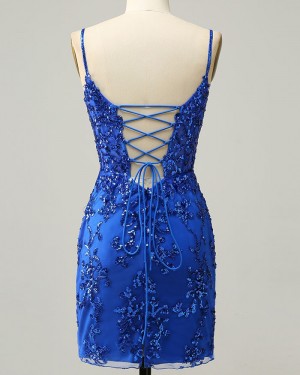 Royal Blue Sequin Lace Spaghetti Straps Tight Homecoming Dress HD3724