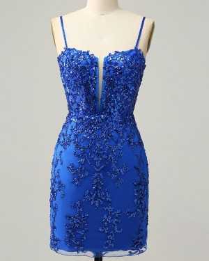 Royal Blue Sequin Lace Spaghetti Straps Tight Homecoming Dress HD3724