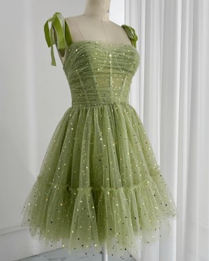 Ruched & Pleated Sequin Sage Tulle A-line Homecoming Dress HD3727