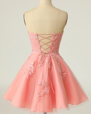 Coral Pink Spaghetti Straps Lace Applique A-line Homecoming Dress HD3739