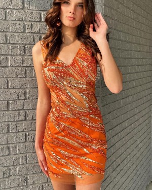 Fashion Orange Beading V-neck Tight Homecoming Dress NHD3739