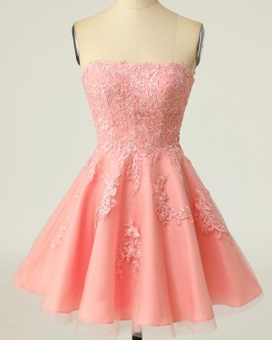 Coral Pink Spaghetti Straps Lace Applique A-line Homecoming Dress HD3739