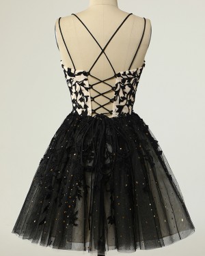 Black Beading & Lace Applique Spaghetti Straps Homecoming Dress HD3740