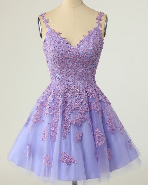 Lavender Lace Applique Tulle V-neck Homecoming Dress HD3742
