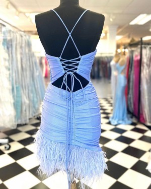 Sparkle Sky Blue Spaghetti Straps Tight Homecoming Dress with Feather NHD3744