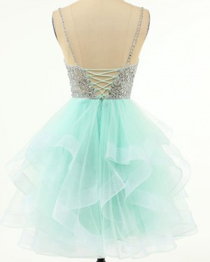 Sequin Bodice Ruffled Spaghetti Straps Tulle Homecoming Dress HD3745