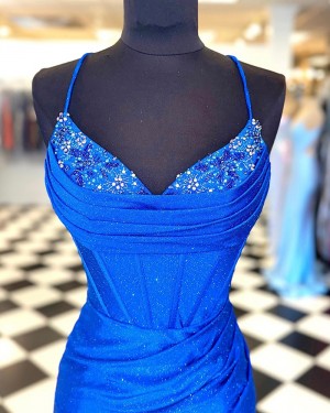 Sparkle Spaghetti Straps Royal Blue Ruched Beading Tight Homecoming Dress NHD3745