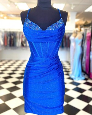 Sparkle Spaghetti Straps Royal Blue Ruched Beading Tight Homecoming Dress NHD3745
