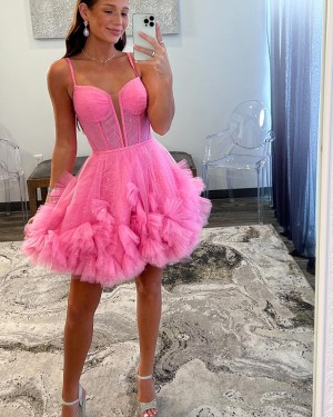 Sparkle Pink Ruffled Spaghetti Straps A-line Homecoming Dress HD3755