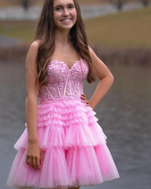 Lace Bodice Pink Ruffled Spaghetti Straps Homecoming Dress HD3756