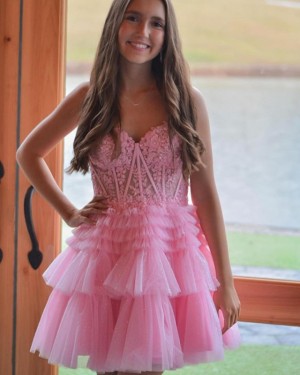 Lace Bodice Pink Ruffled Spaghetti Straps Homecoming Dress HD3756