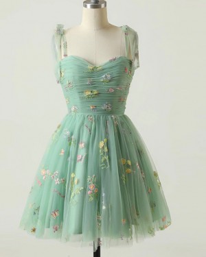Floral Lace Mint Ruched Square Neckline Homecoming Dress HD3757