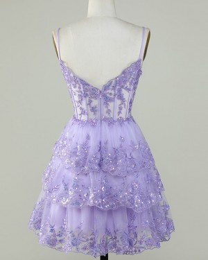 Lavender Lace Beading Spaghetti Straps Homecoming Dress with Layered Skirt HD3758