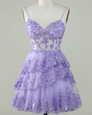 Lavender Lace Beading Spaghetti Straps Homecoming Dress with Layered Skirt HD3758