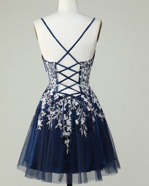 Navy Blue Beading Lace Spaghetti Straps Homecoming Dress HD3759